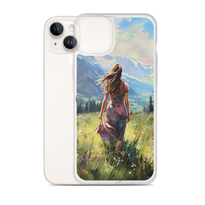 Frau mit langen Kleid im Feld mit Blumen - Berge im Hintergrund - Malerei - iPhone Schutzhülle (durchsichtig) berge xxx