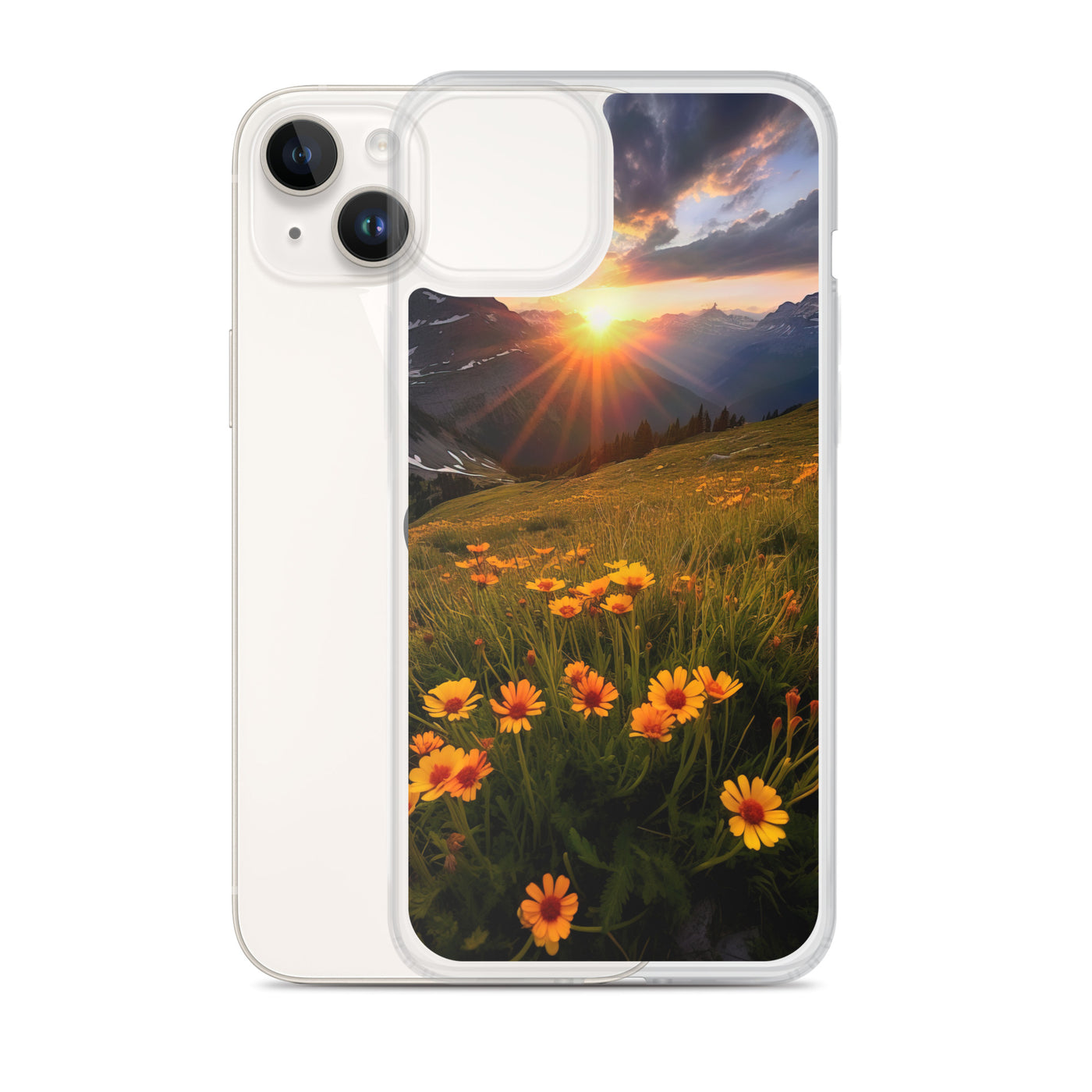 Gebirge, Sonnenblumen und Sonnenaufgang - iPhone Schutzhülle (durchsichtig) berge xxx
