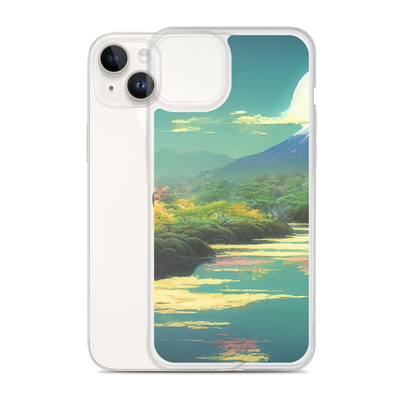 Berg, See und Wald mit pinken Bäumen - Landschaftsmalerei - iPhone Schutzhülle (durchsichtig) berge xxx