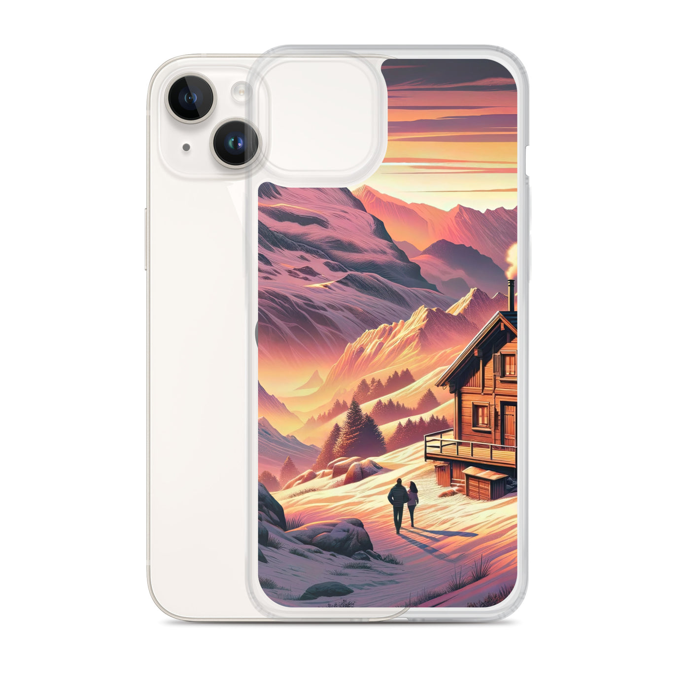 Berghütte im goldenen Sonnenuntergang: Digitale Alpenillustration - iPhone Schutzhülle (durchsichtig) berge xxx yyy zzz