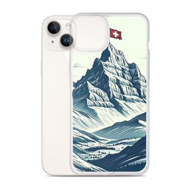 Ausgedehnte Bergkette mit dominierendem Gipfel und wehender Schweizer Flagge - iPhone Schutzhülle (durchsichtig) berge xxx yyy zzz