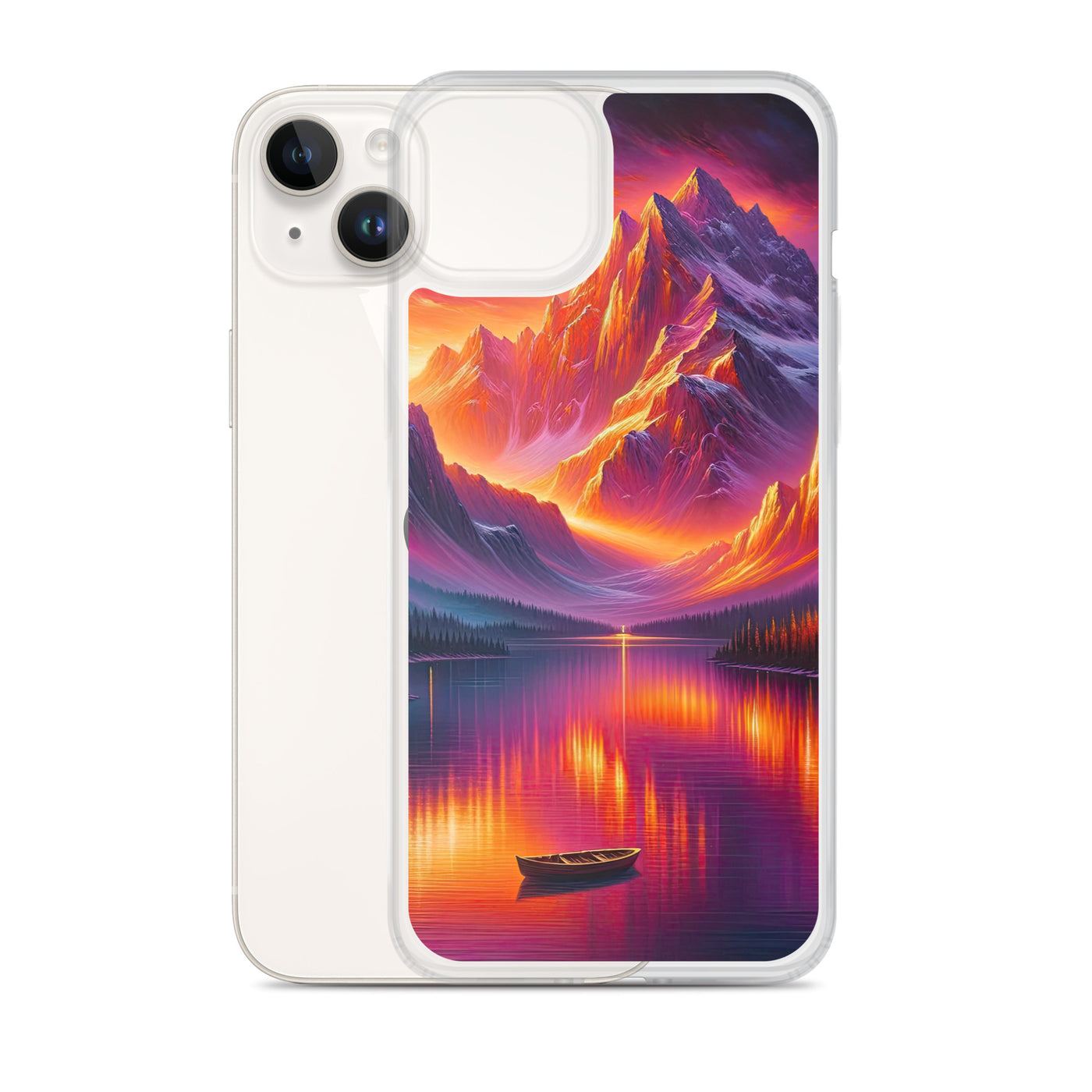 Ölgemälde eines Bootes auf einem Bergsee bei Sonnenuntergang, lebendige Orange-Lila Töne - iPhone Schutzhülle (durchsichtig) berge xxx yyy zzz