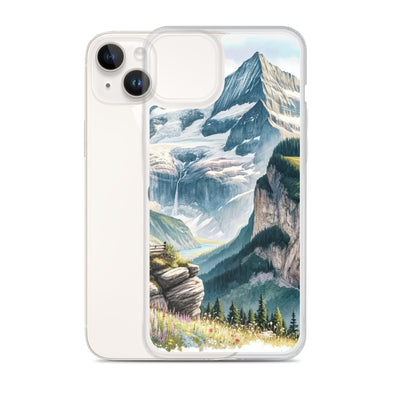 Aquarell-Panoramablick der Alpen mit schneebedeckten Gipfeln, Wasserfällen und Wanderern - iPhone Schutzhülle (durchsichtig) wandern xxx yyy zzz
