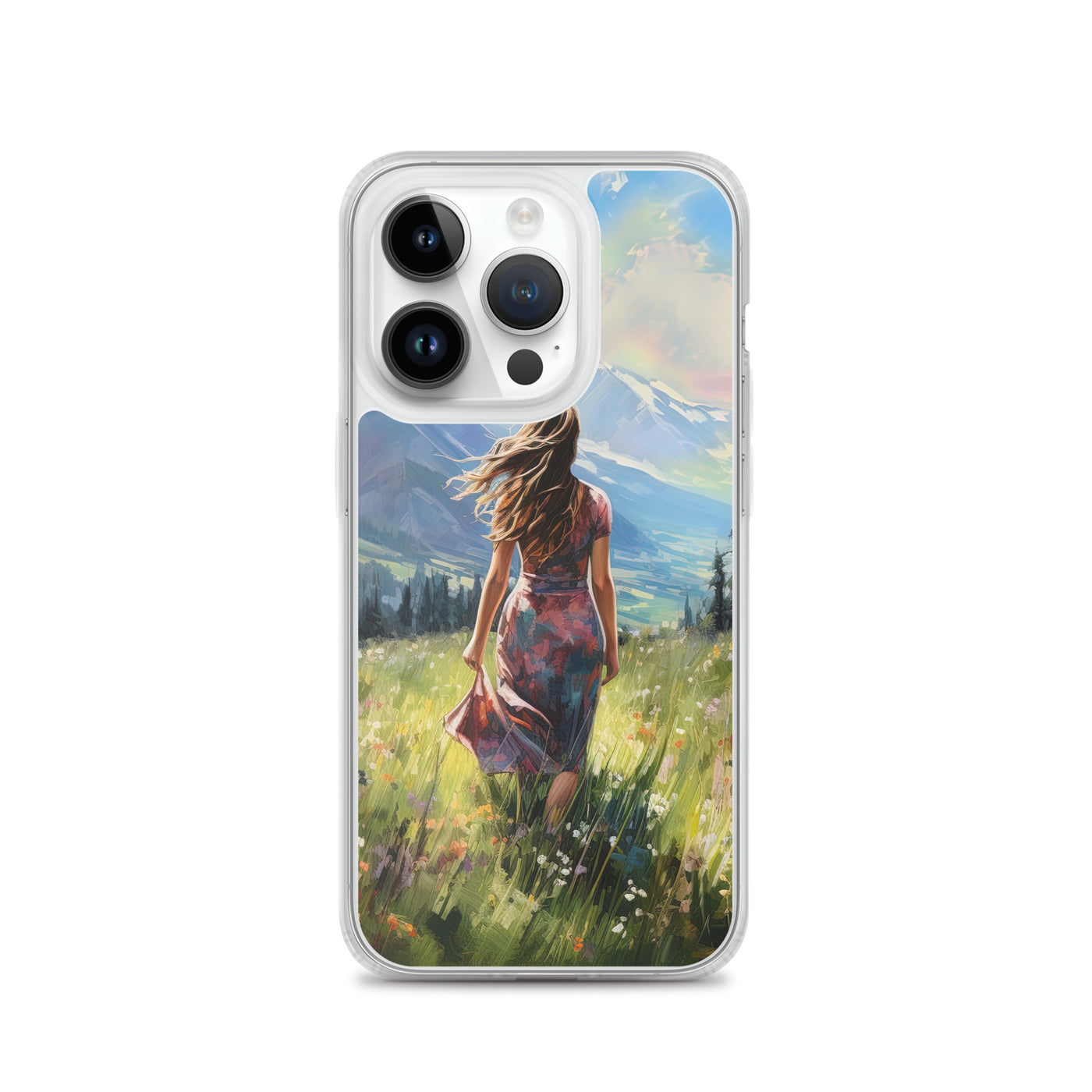 Frau mit langen Kleid im Feld mit Blumen - Berge im Hintergrund - Malerei - iPhone Schutzhülle (durchsichtig) berge xxx iPhone 14 Pro