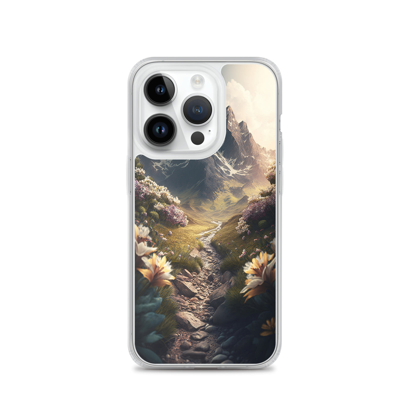 Epischer Berg, steiniger Weg und Blumen - Realistische Malerei - iPhone Schutzhülle (durchsichtig) berge xxx iPhone 14 Pro