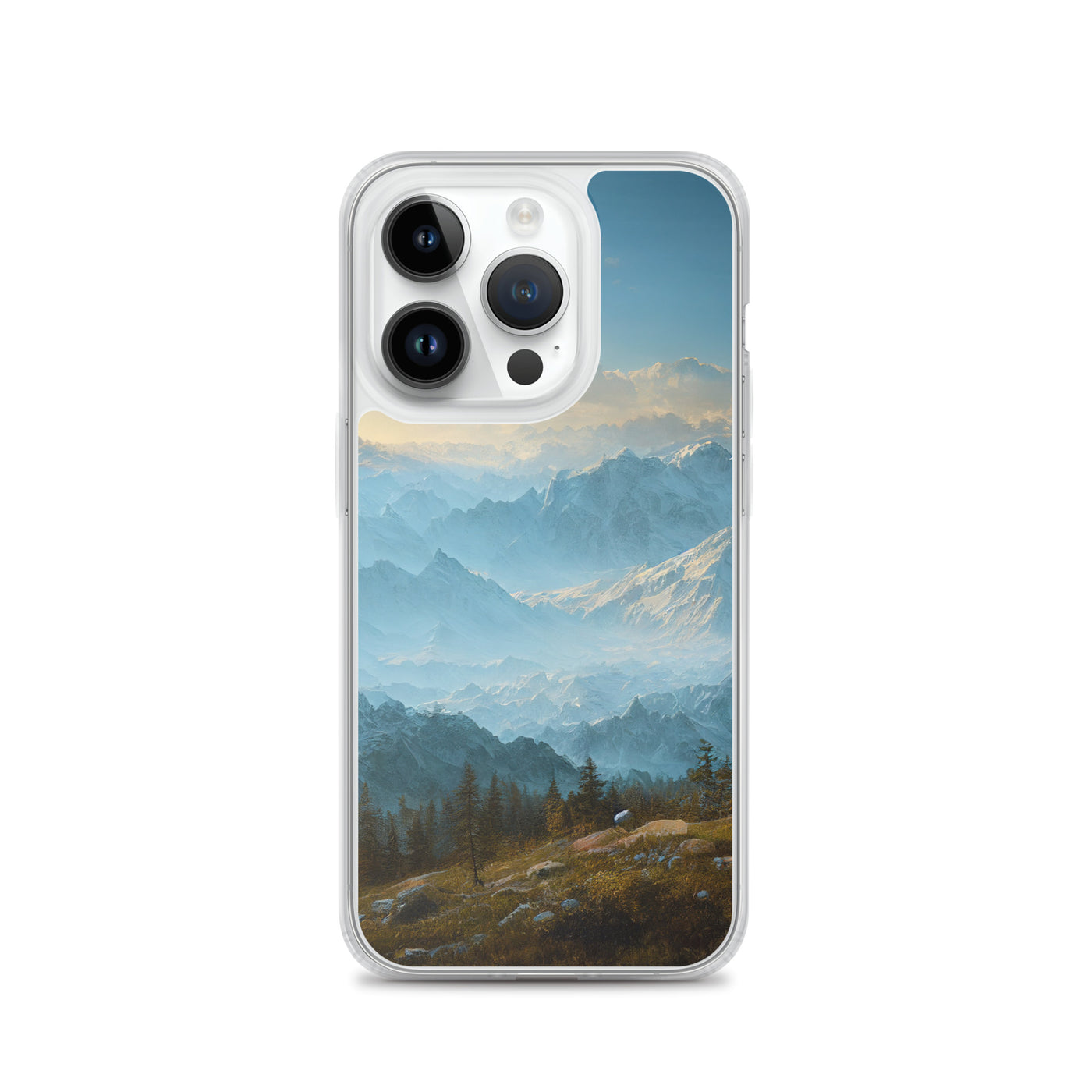 Schöne Berge mit Nebel bedeckt - Ölmalerei - iPhone Schutzhülle (durchsichtig) berge xxx iPhone 14 Pro