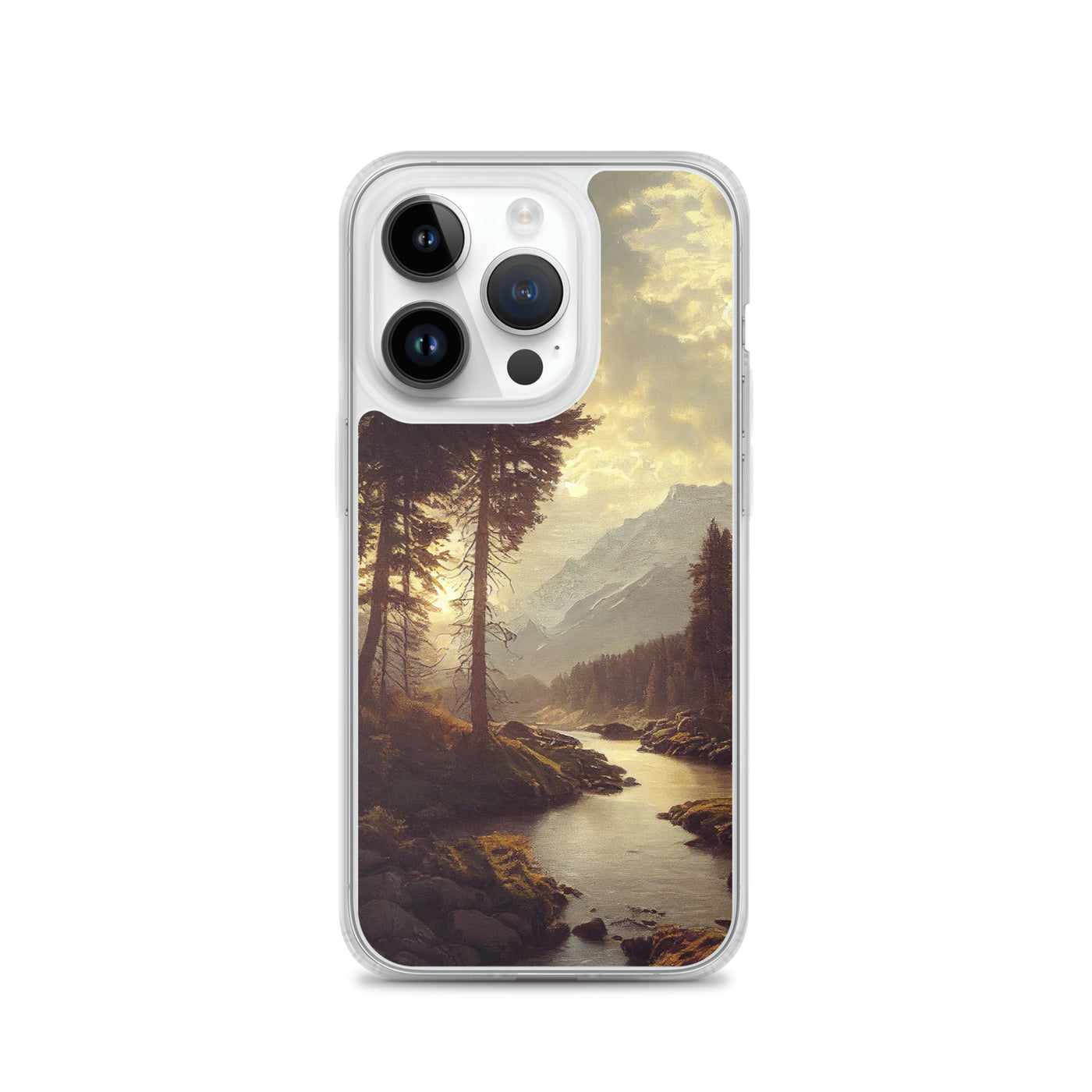 Landschaft mit Bergen, Fluss und Bäumen - Malerei - iPhone Schutzhülle (durchsichtig) berge xxx iPhone 14 Pro