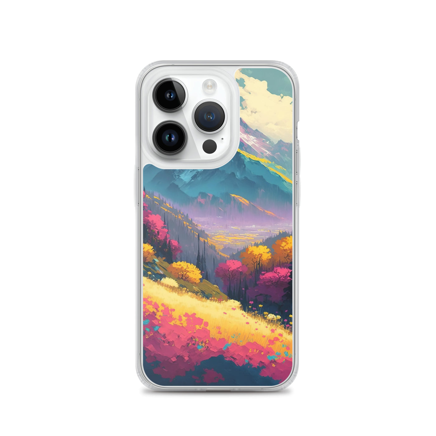 Berge, pinke und gelbe Bäume, sowie Blumen - Farbige Malerei - iPhone Schutzhülle (durchsichtig) berge xxx iPhone 14 Pro