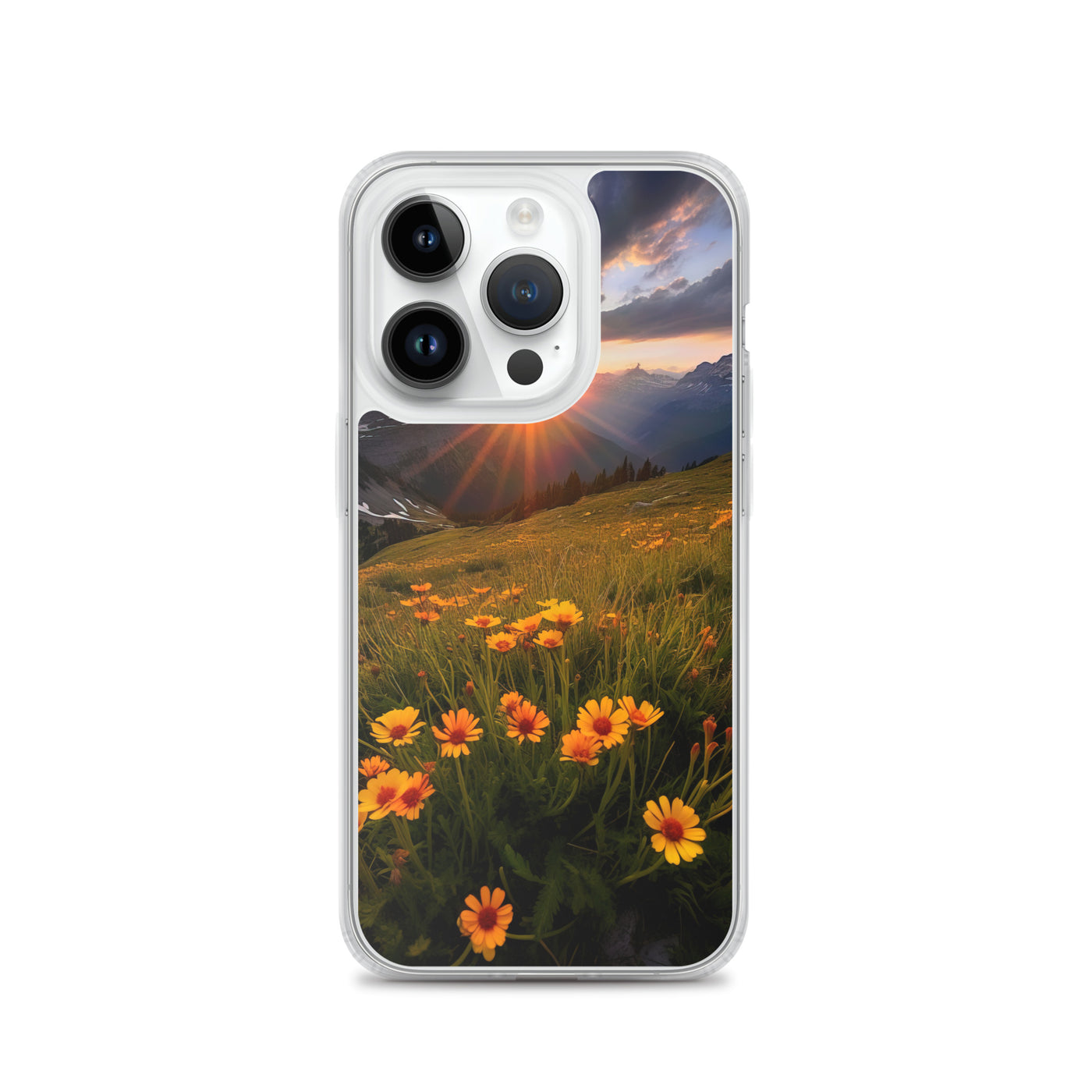 Gebirge, Sonnenblumen und Sonnenaufgang - iPhone Schutzhülle (durchsichtig) berge xxx iPhone 14 Pro