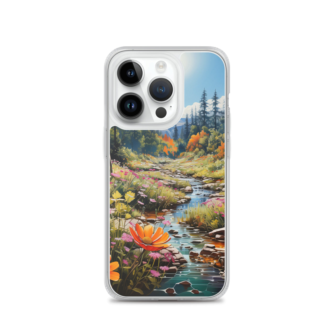 Berge, schöne Blumen und Bach im Wald - iPhone Schutzhülle (durchsichtig) berge xxx iPhone 14 Pro