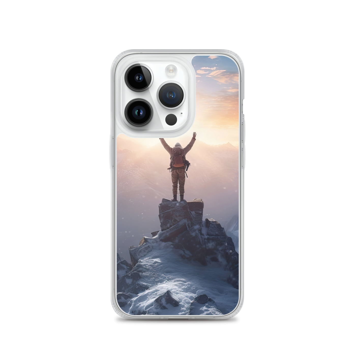 Mann auf der Spitze eines Berges - Landschaftsmalerei - iPhone Schutzhülle (durchsichtig) berge xxx iPhone 14 Pro
