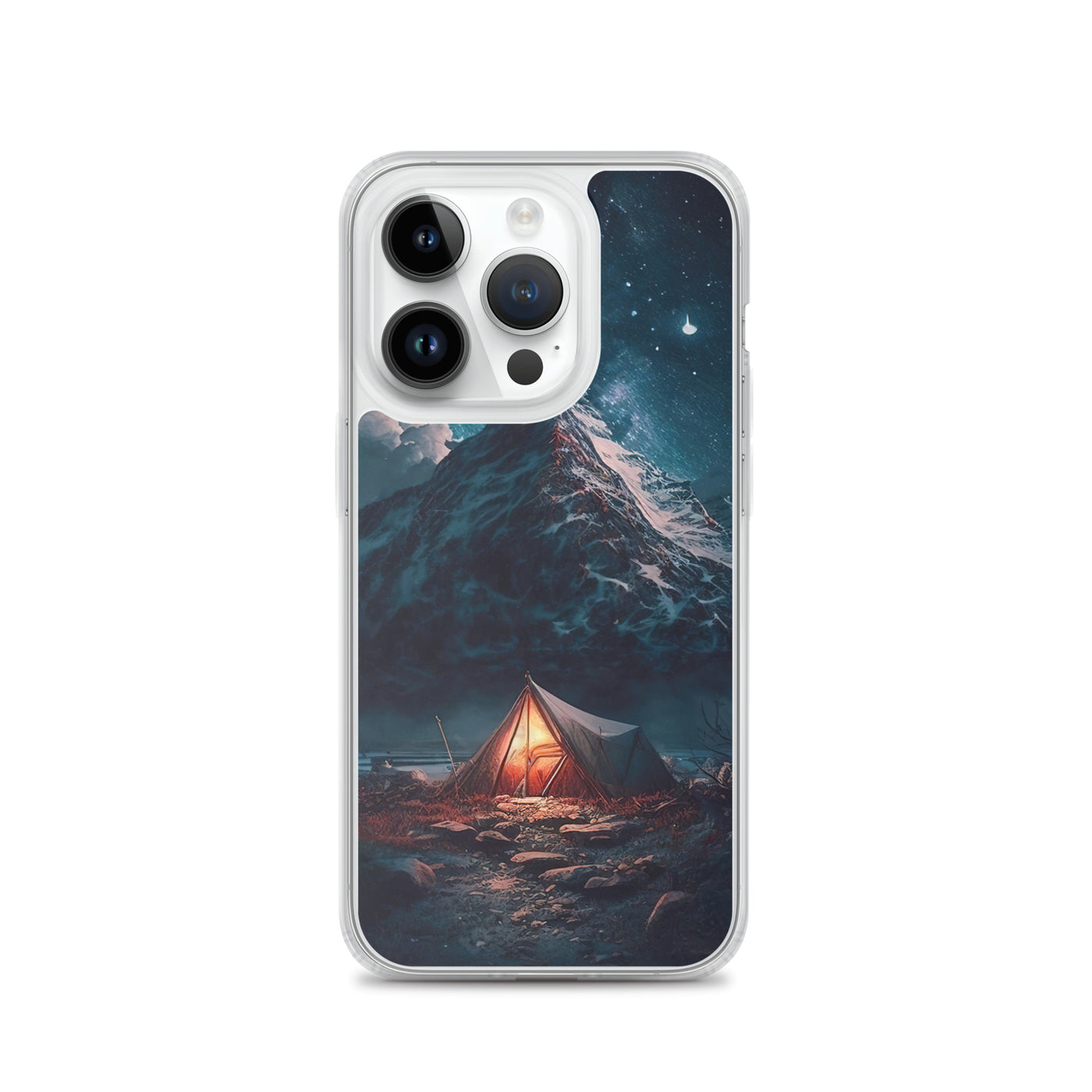 Zelt und Berg in der Nacht - Sterne am Himmel - Landschaftsmalerei - iPhone Schutzhülle (durchsichtig) camping xxx iPhone 14 Pro