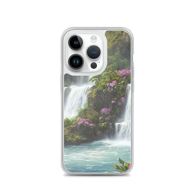 Wasserfall im Wald und Blumen - Schöne Malerei - iPhone Schutzhülle (durchsichtig) camping xxx iPhone 14 Pro