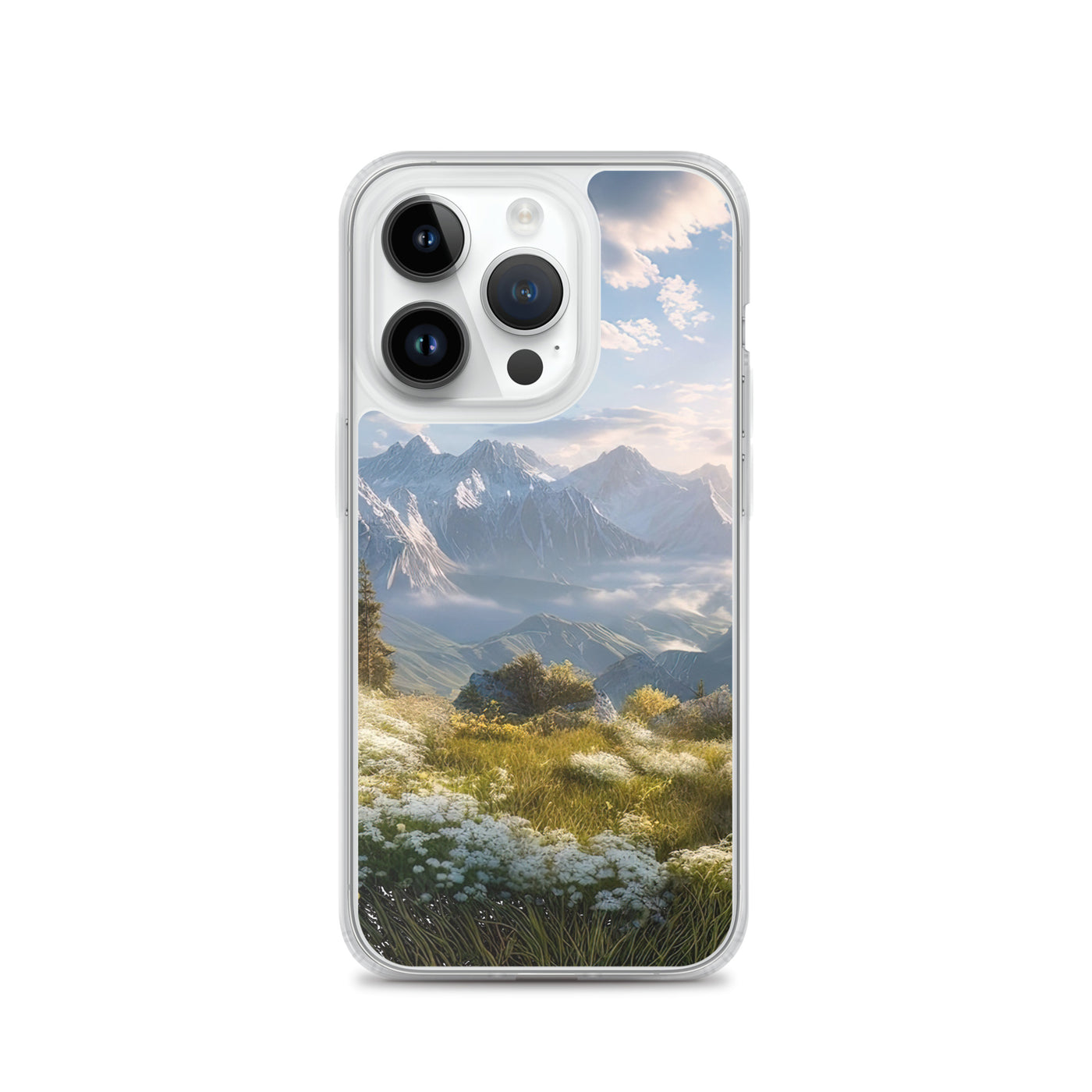 Berglandschaft mit Sonnenschein, Blumen und Bäumen - Malerei - iPhone Schutzhülle (durchsichtig) berge xxx iPhone 14 Pro