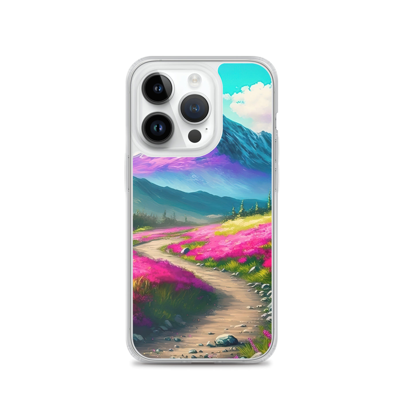 Berg, pinke Blumen und Wanderweg - Landschaftsmalerei - iPhone Schutzhülle (durchsichtig) berge xxx iPhone 14 Pro