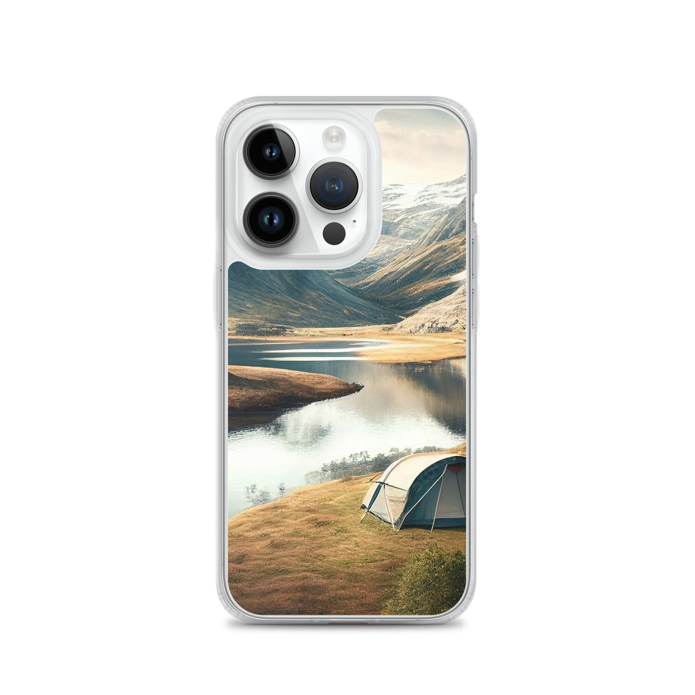 Zelt, Berge und Bergsee - iPhone Schutzhülle (durchsichtig) camping xxx iPhone 14 Pro