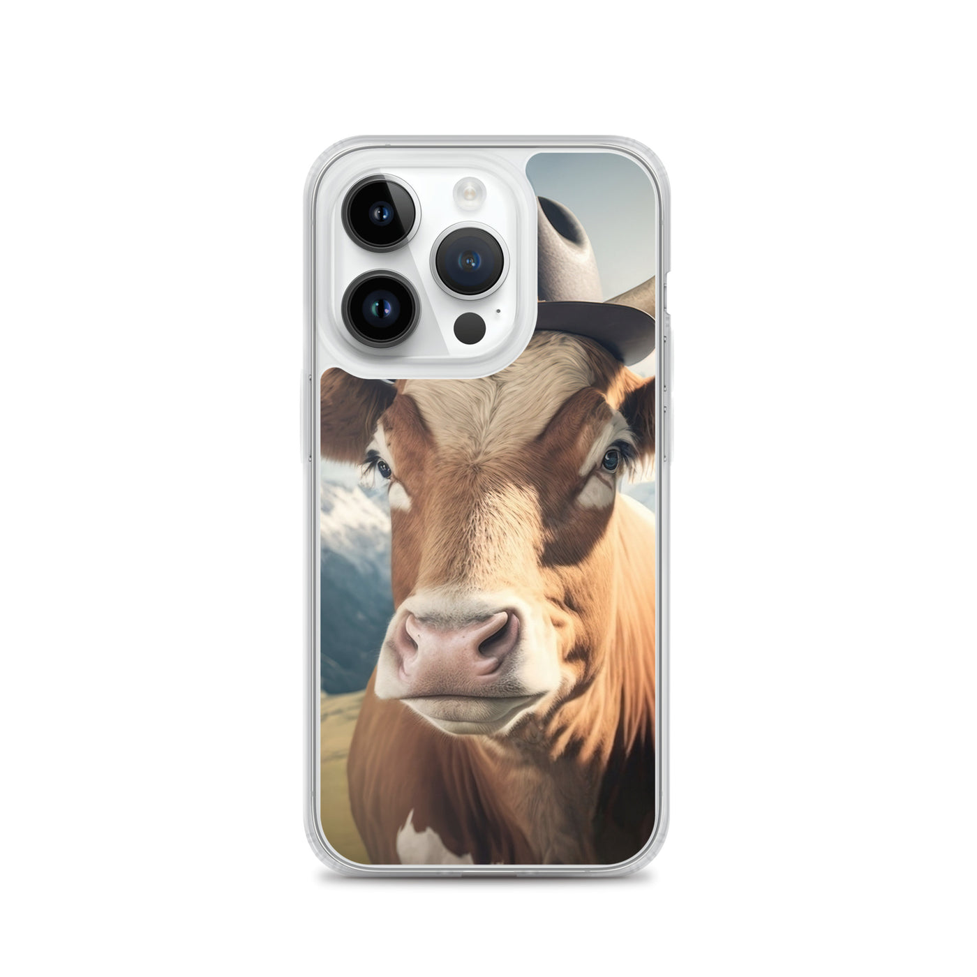 Kuh mit Hut in den Alpen - Berge im Hintergrund - Landschaftsmalerei - iPhone Schutzhülle (durchsichtig) berge xxx iPhone 14 Pro