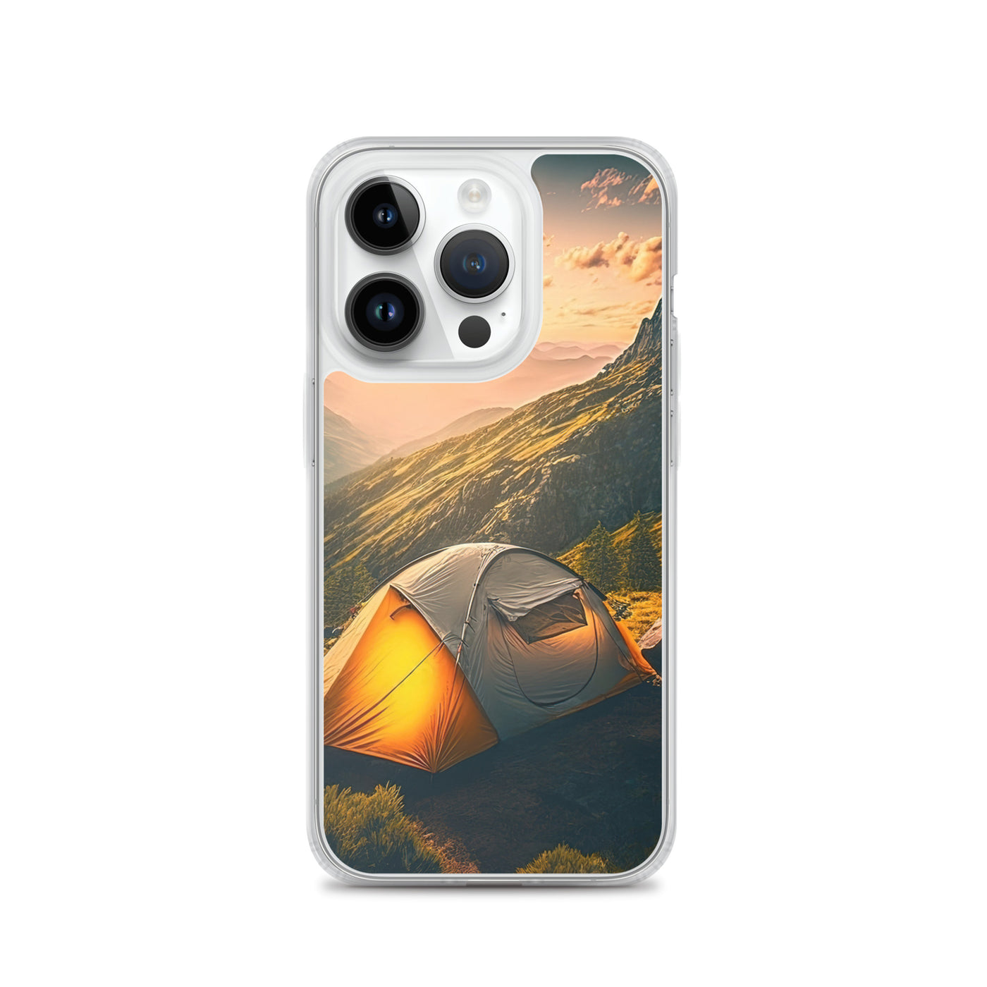 Zelt auf Berg im Sonnenaufgang - Landschafts - iPhone Schutzhülle (durchsichtig) camping xxx iPhone 14 Pro