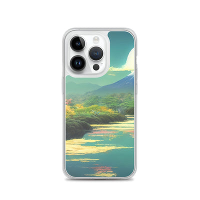 Berg, See und Wald mit pinken Bäumen - Landschaftsmalerei - iPhone Schutzhülle (durchsichtig) berge xxx iPhone 14 Pro