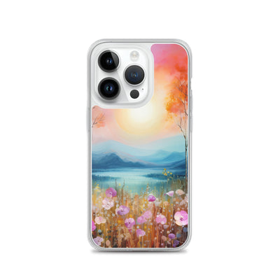 Berge, See, pinke Bäume und Blumen - Malerei - iPhone Schutzhülle (durchsichtig) berge xxx iPhone 14 Pro