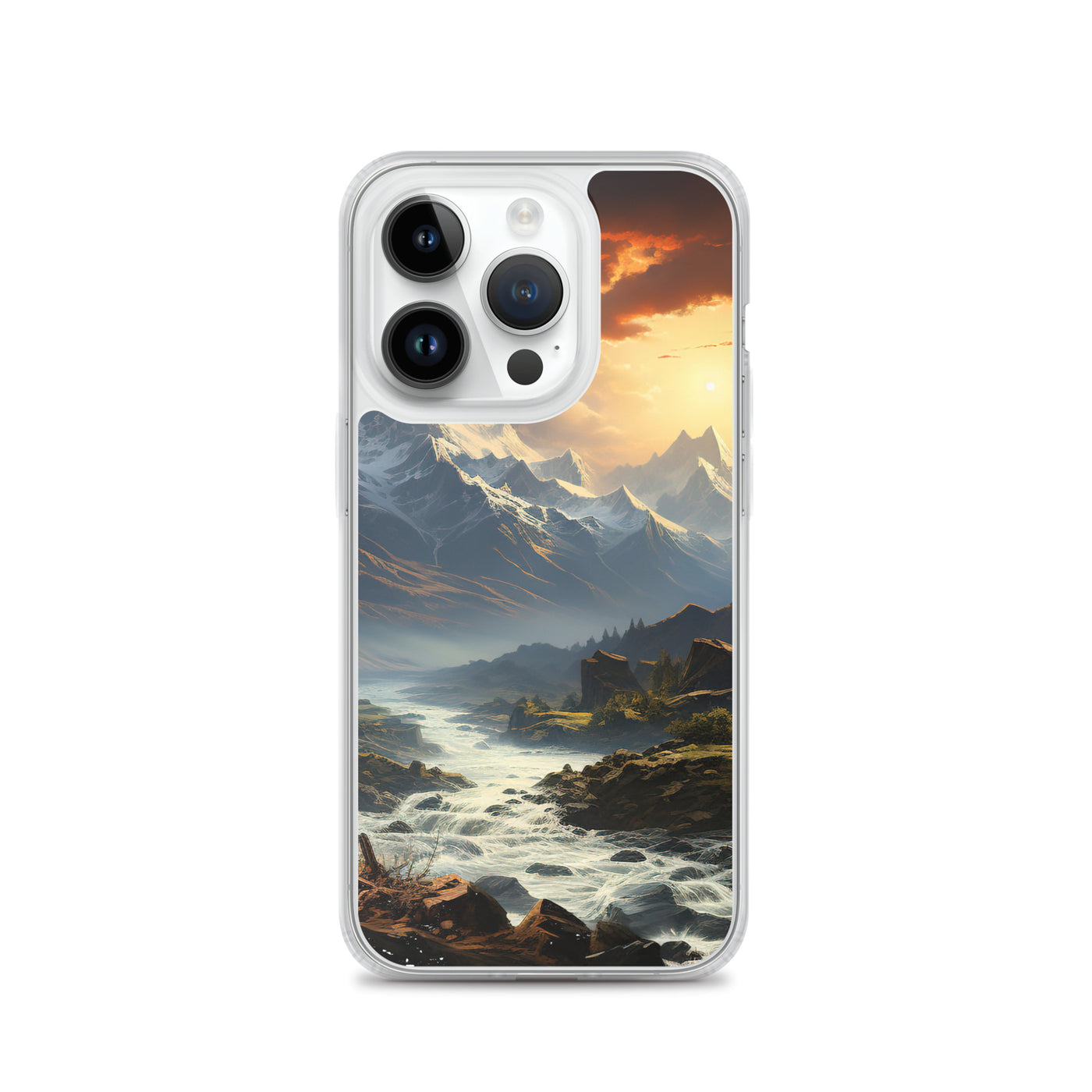 Berge, Sonne, steiniger Bach und Wolken - Epische Stimmung - iPhone Schutzhülle (durchsichtig) berge xxx iPhone 14 Pro