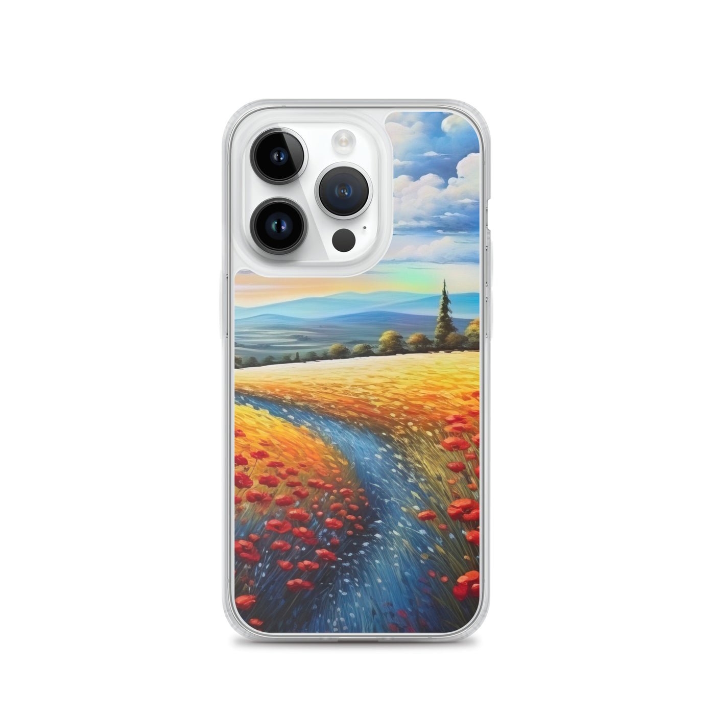 Feld mit roten Blumen und Berglandschaft - Landschaftsmalerei - iPhone Schutzhülle (durchsichtig) berge xxx iPhone 14 Pro