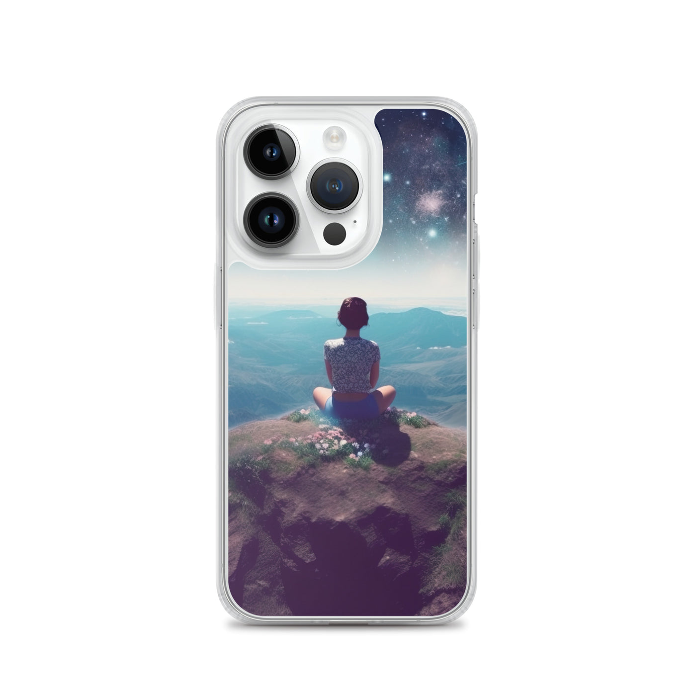 Frau sitzt auf Berg – Cosmos und Sterne im Hintergrund - Landschaftsmalerei - iPhone Schutzhülle (durchsichtig) berge xxx iPhone 14 Pro