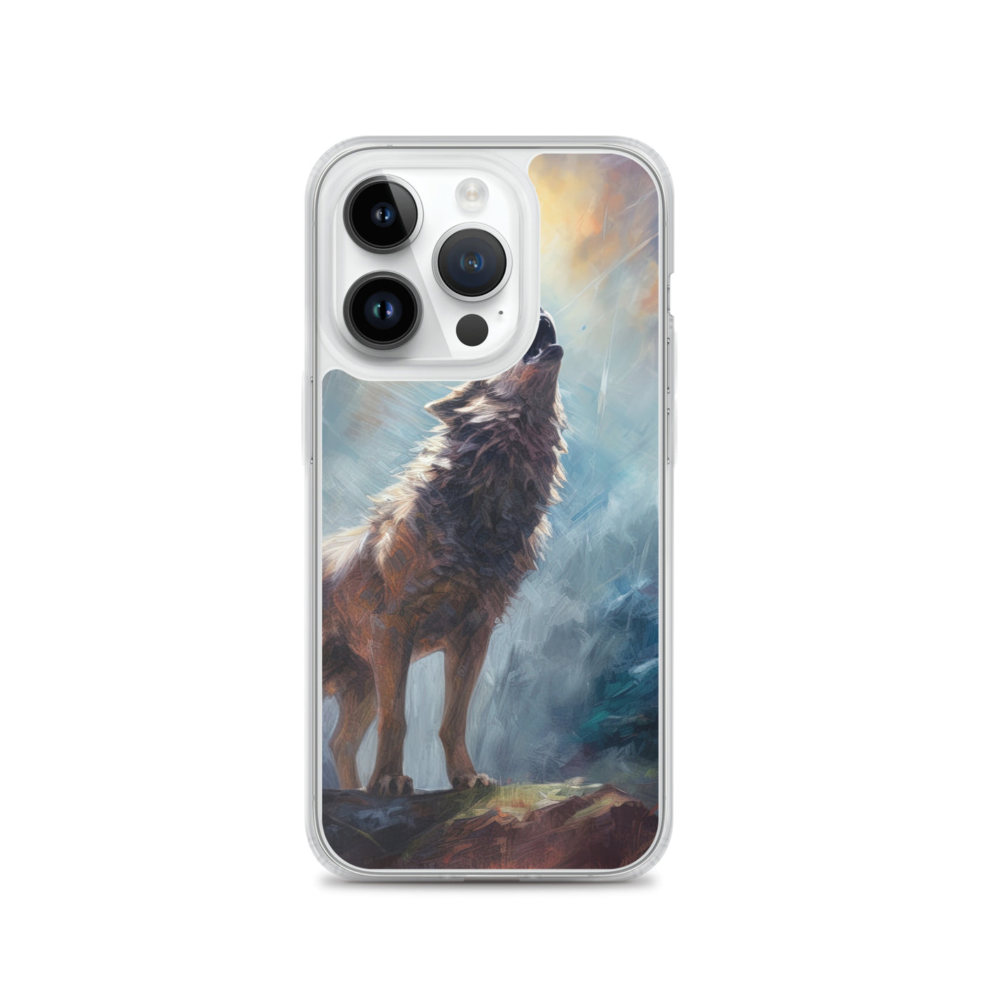 Heulender Wolf auf Berggipfel und Mond im Hintergrund – Abstrakte Malerei - iPhone Schutzhülle (durchsichtig) camping xxx iPhone 14 Pro