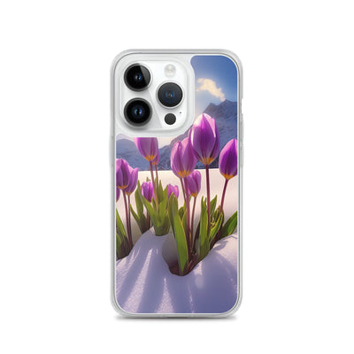 Tulpen im Schnee und in den Bergen - Blumen im Winter - iPhone Schutzhülle (durchsichtig) berge xxx iPhone 14 Pro