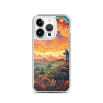 Hund auf Felsen - Epische bunte Landschaft - Malerei - iPhone Schutzhülle (durchsichtig) camping xxx iPhone 14 Pro
