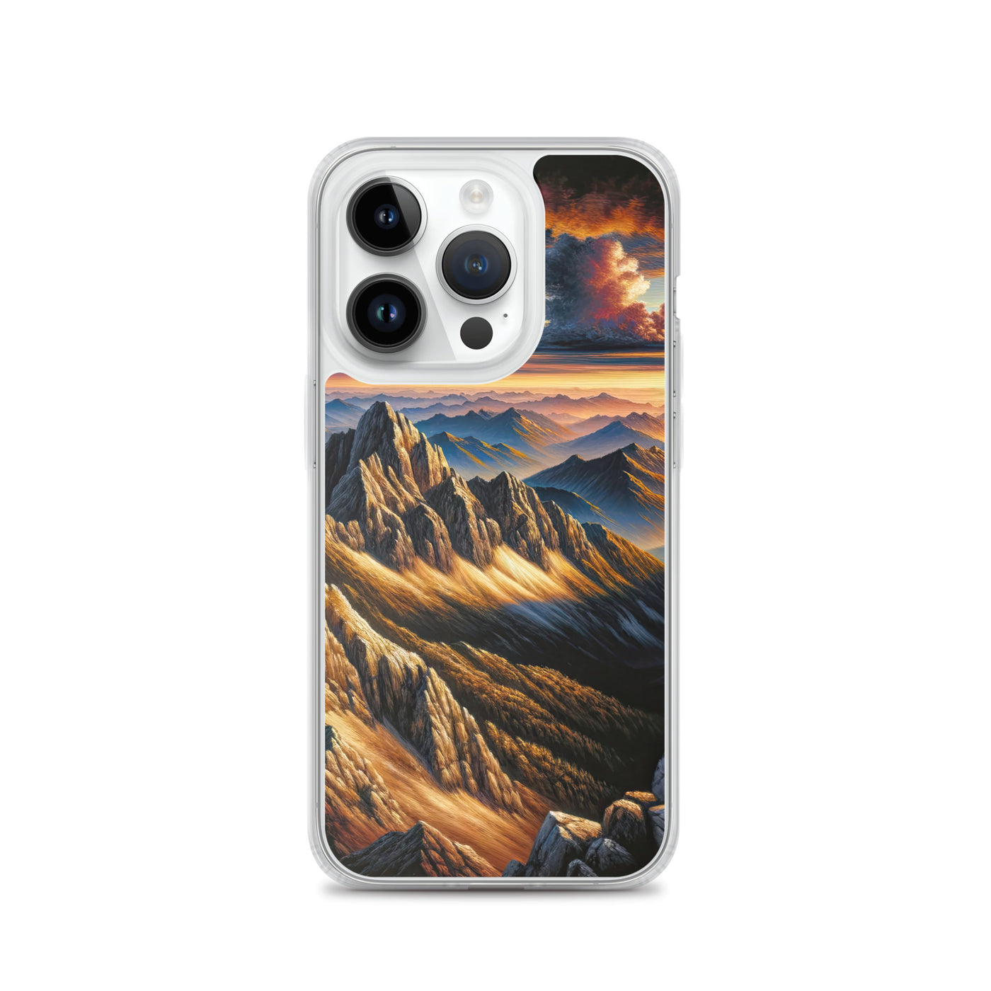 Alpen in Abenddämmerung: Acrylgemälde mit beleuchteten Berggipfeln - iPhone Schutzhülle (durchsichtig) berge xxx yyy zzz iPhone 14 Pro