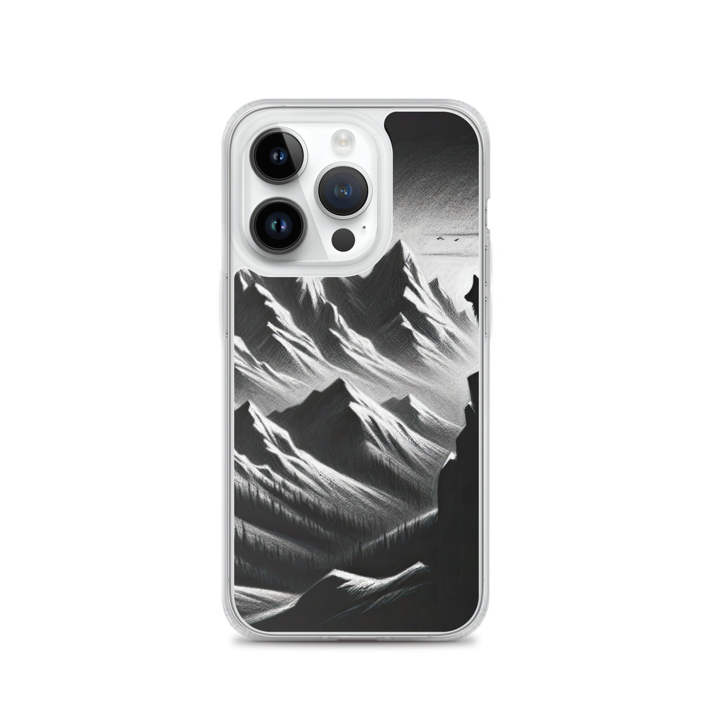 Kohlezeichnung, die die stille Stille der Alpen in der Winterdämmerung verkörpert. Wolf auf einem Berghügel (AN) - iPhone Schutzhülle (durchsichtig) xxx yyy zzz iPhone 14 Pro