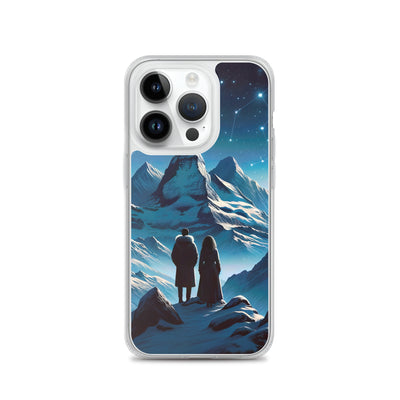Alpenwinternacht: Digitale Kunst mit Wanderern in Bergen und Sternenhimmel - iPhone Schutzhülle (durchsichtig) wandern xxx yyy zzz iPhone 14 Pro