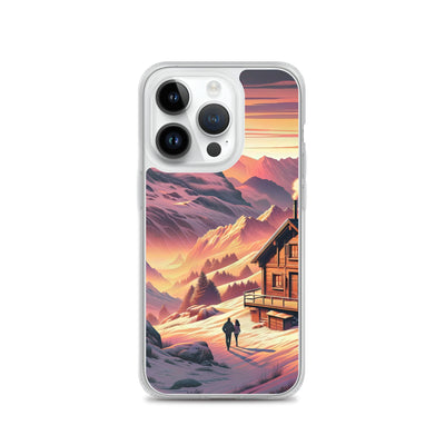 Berghütte im goldenen Sonnenuntergang: Digitale Alpenillustration - iPhone Schutzhülle (durchsichtig) berge xxx yyy zzz iPhone 14 Pro