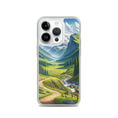 Wanderer in den Bergen und Wald: Digitale Malerei mit grünen kurvenreichen Pfaden - iPhone Schutzhülle (durchsichtig) wandern xxx yyy zzz iPhone 14 Pro