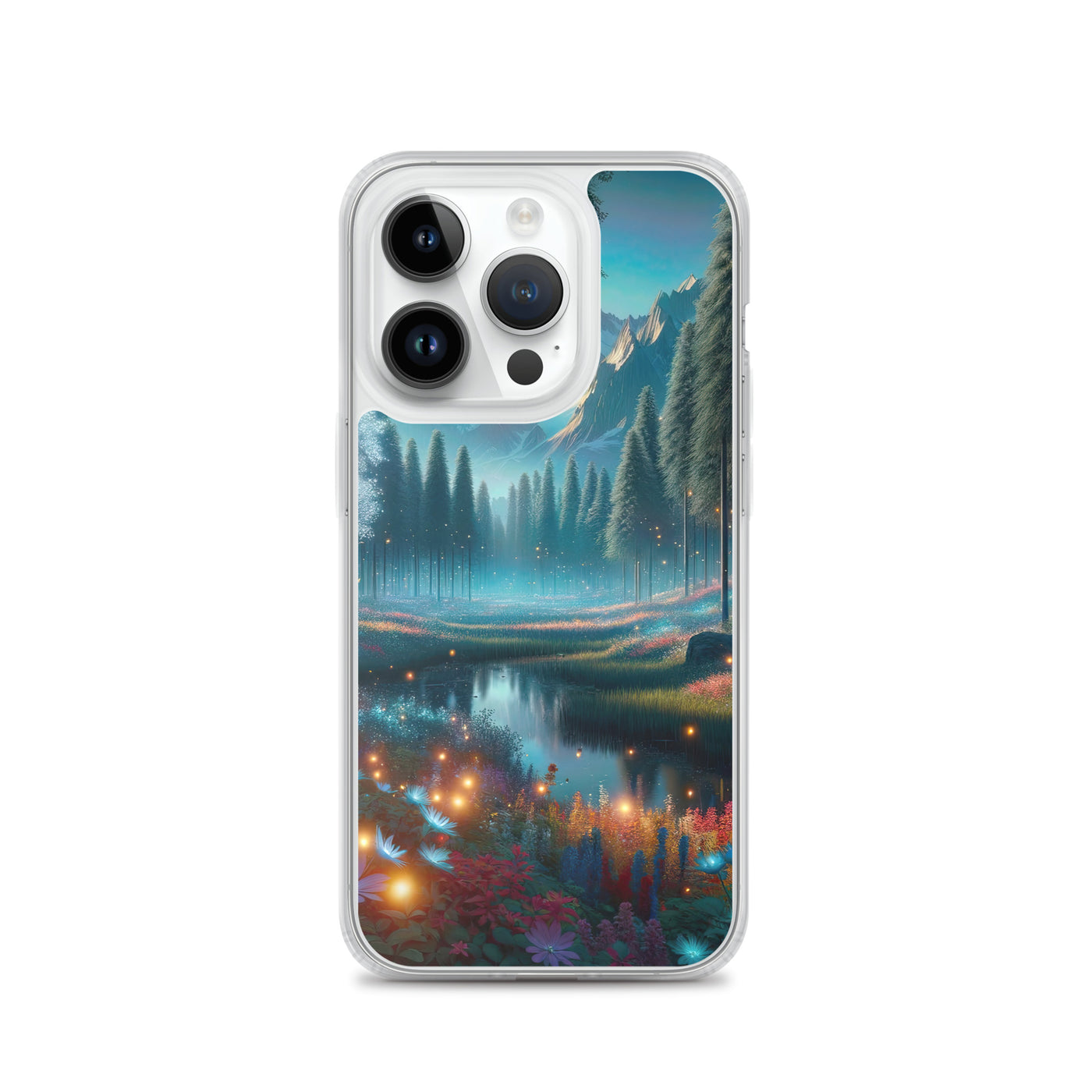 Ätherischer Alpenwald: Digitale Darstellung mit leuchtenden Bäumen und Blumen - iPhone Schutzhülle (durchsichtig) camping xxx yyy zzz iPhone 14 Pro