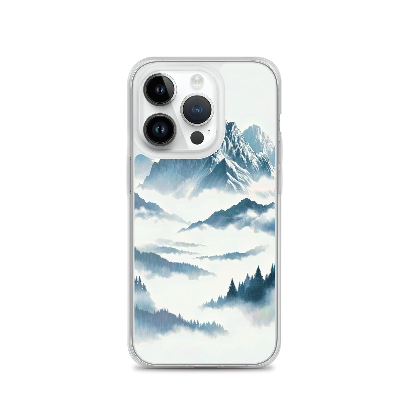 Nebeliger Alpenmorgen-Essenz, verdeckte Täler und Wälder - iPhone Schutzhülle (durchsichtig) berge xxx yyy zzz iPhone 14 Pro