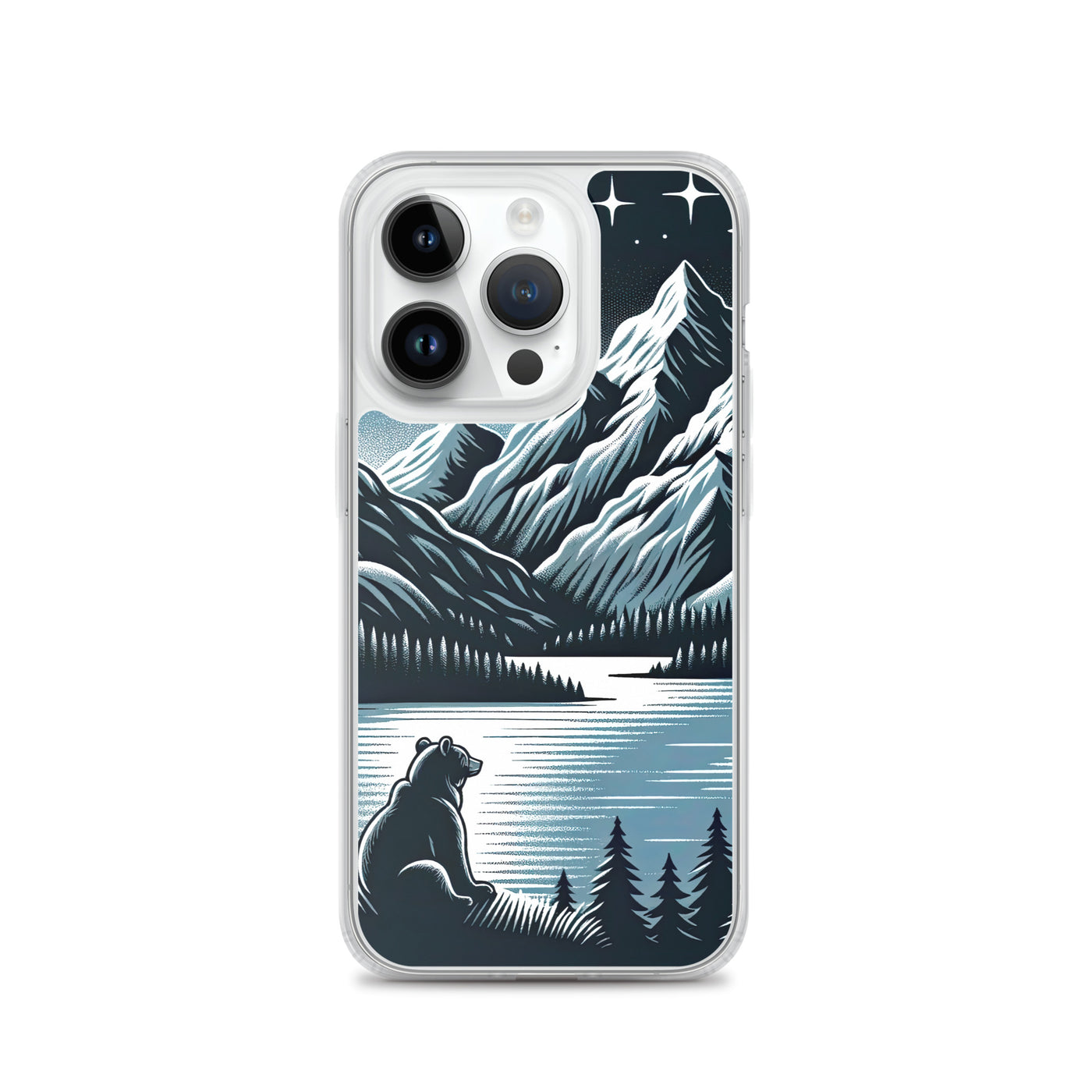 Bär in Alpen-Mondnacht, silberne Berge, schimmernde Seen - iPhone Schutzhülle (durchsichtig) camping xxx yyy zzz iPhone 14 Pro