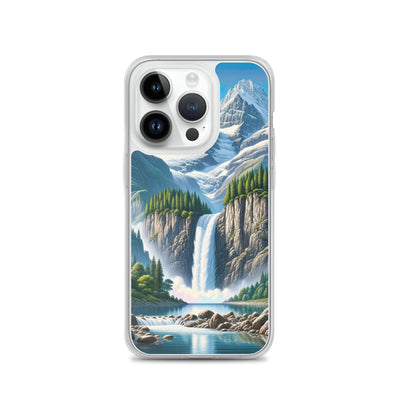 Illustration einer unberührten Alpenkulisse im Hochsommer. Wasserfall und See - iPhone Schutzhülle (durchsichtig) berge xxx yyy zzz iPhone 14 Pro