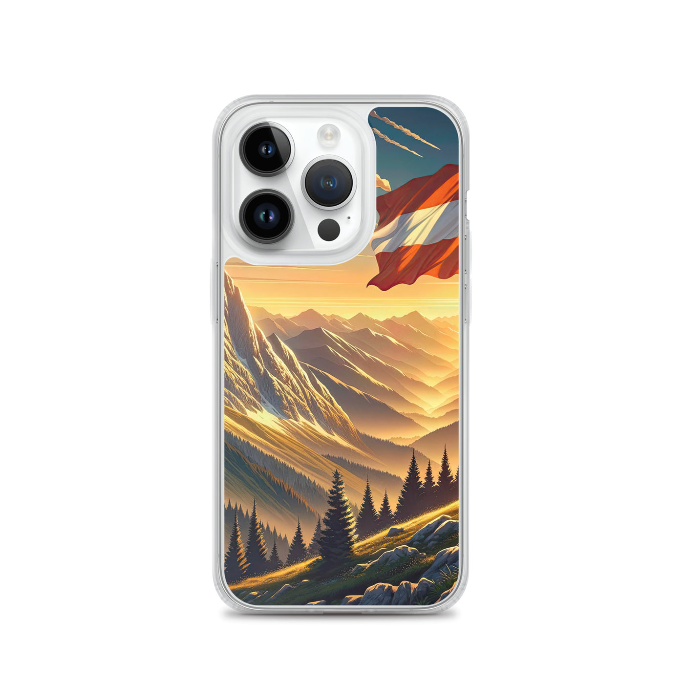 Ruhiger Alpenabend mit österreichischer Flagge und goldenem Sonnenuntergang - iPhone Schutzhülle (durchsichtig) berge xxx yyy zzz iPhone 14 Pro