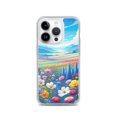 Weitläufiges Blumenfeld unter himmelblauem Himmel, leuchtende Flora - iPhone Schutzhülle (durchsichtig) camping xxx yyy zzz iPhone 14 Pro