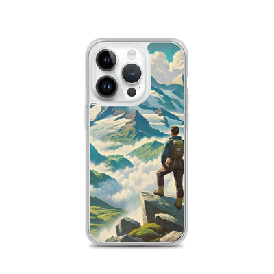 Panoramablick der Alpen mit Wanderer auf einem Hügel und schroffen Gipfeln - iPhone Schutzhülle (durchsichtig) wandern xxx yyy zzz iPhone 14 Pro