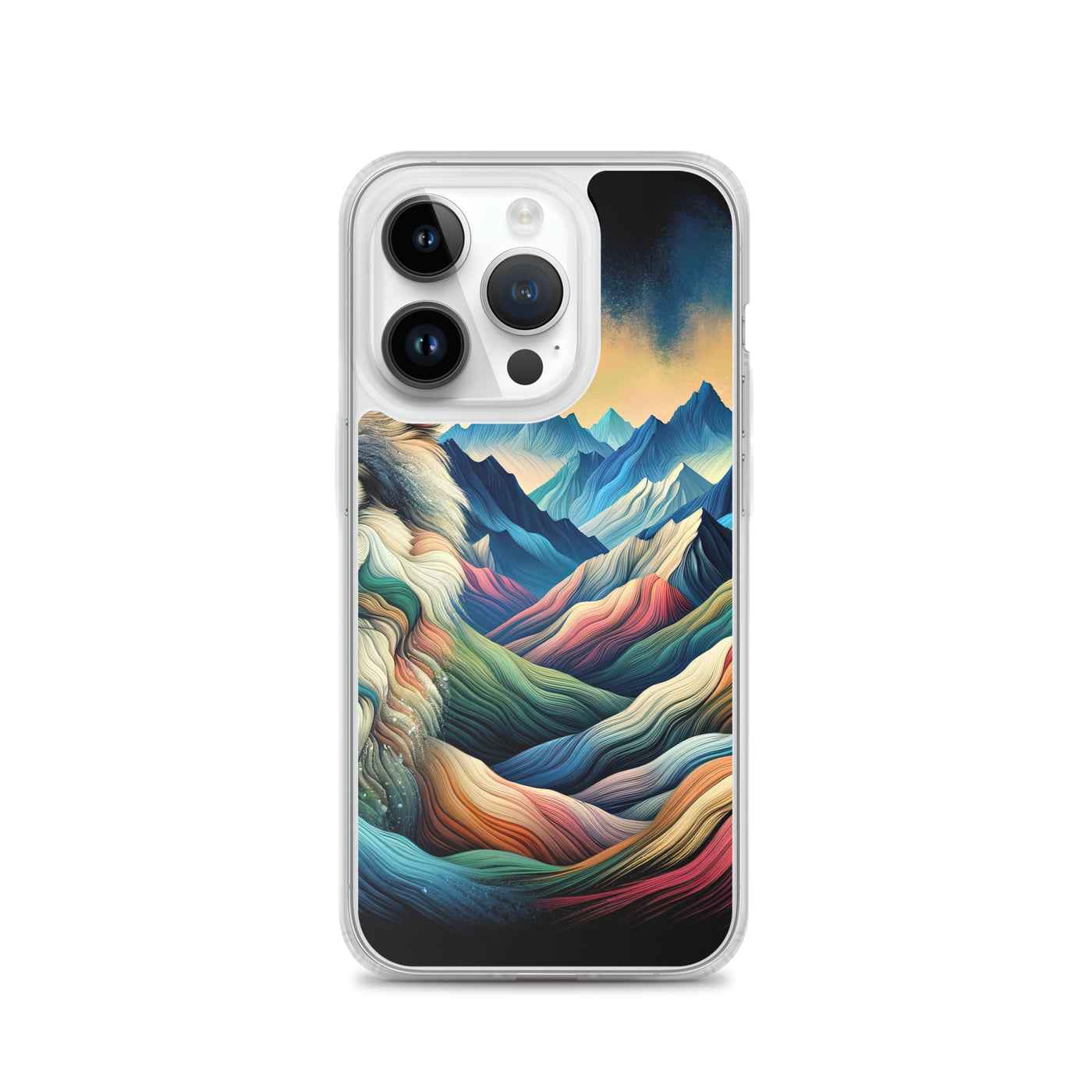 Traumhaftes Alpenpanorama mit Wolf in wechselnden Farben und Mustern (AN) - iPhone Schutzhülle (durchsichtig) xxx yyy zzz iPhone 14 Pro