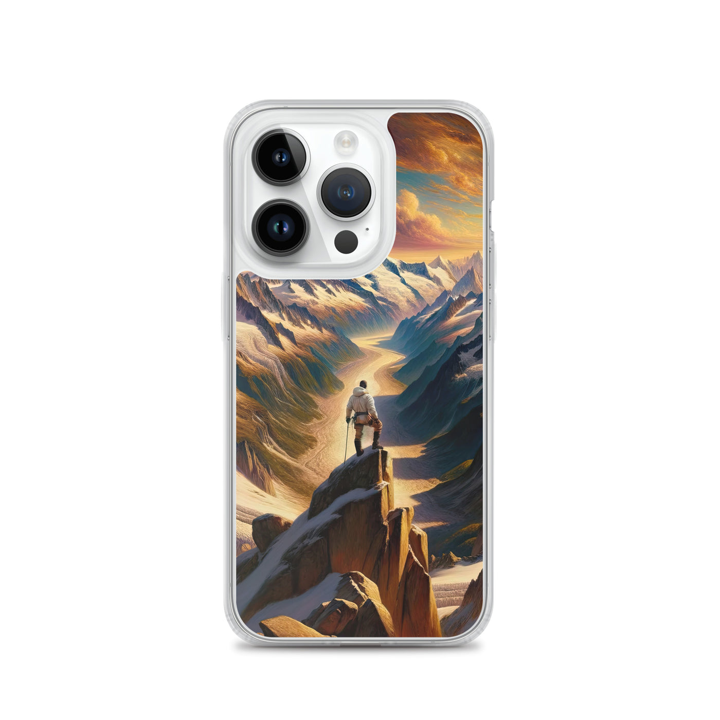 Ölgemälde eines Wanderers auf einem Hügel mit Panoramablick auf schneebedeckte Alpen und goldenen Himmel - iPhone Schutzhülle (durchsichtig) wandern xxx yyy zzz iPhone 14 Pro