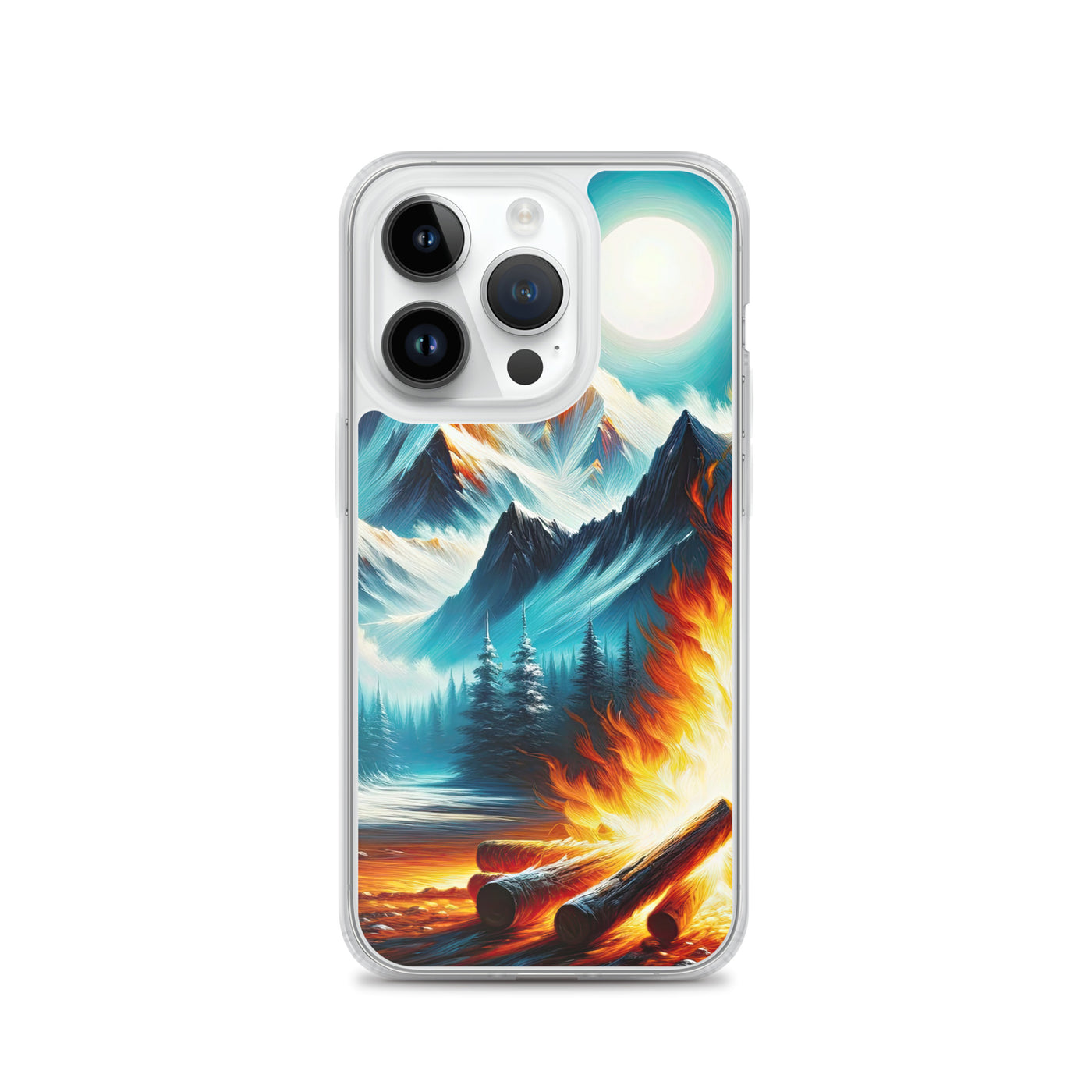 Ölgemälde von Feuer und Eis: Lagerfeuer und Alpen im Kontrast, warme Flammen - iPhone Schutzhülle (durchsichtig) camping xxx yyy zzz iPhone 14 Pro