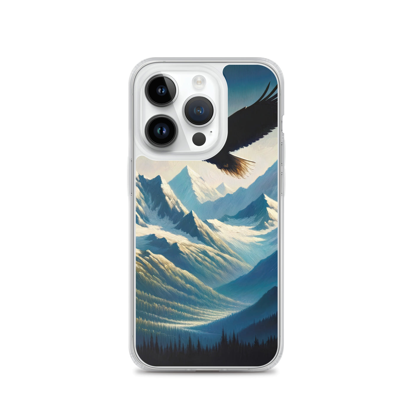 Ölgemälde eines Adlers vor schneebedeckten Bergsilhouetten - iPhone Schutzhülle (durchsichtig) berge xxx yyy zzz iPhone 14 Pro