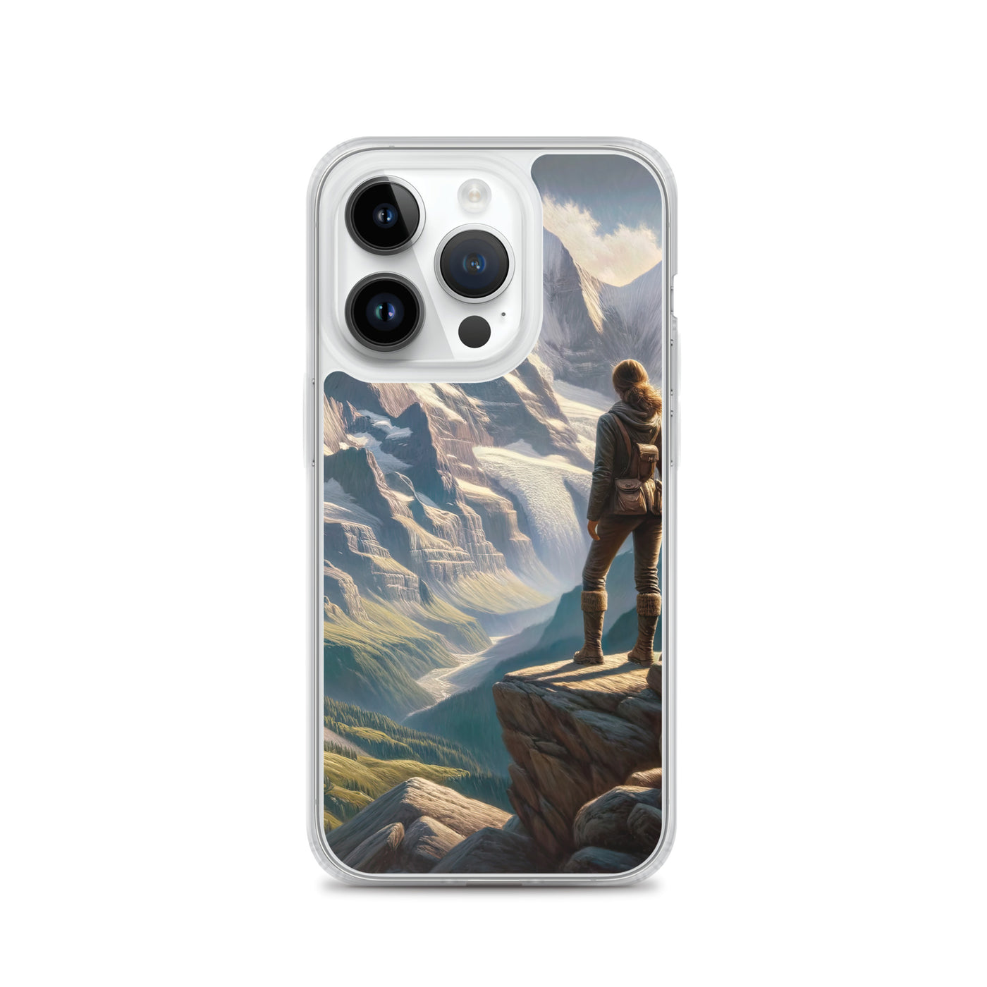 Ölgemälde der Alpengipfel mit Schweizer Abenteurerin auf Felsvorsprung - iPhone Schutzhülle (durchsichtig) wandern xxx yyy zzz iPhone 14 Pro