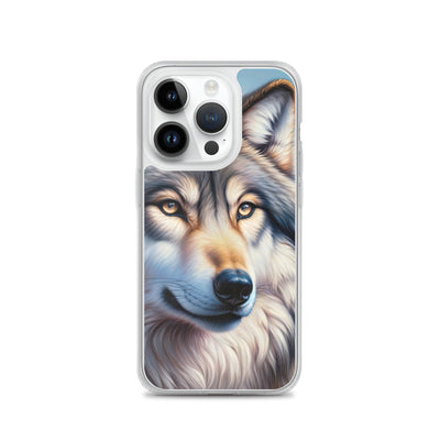 Ölgemäldeporträt eines majestätischen Wolfes mit intensiven Augen in der Berglandschaft (AN) - iPhone Schutzhülle (durchsichtig) xxx yyy zzz iPhone 14 Pro