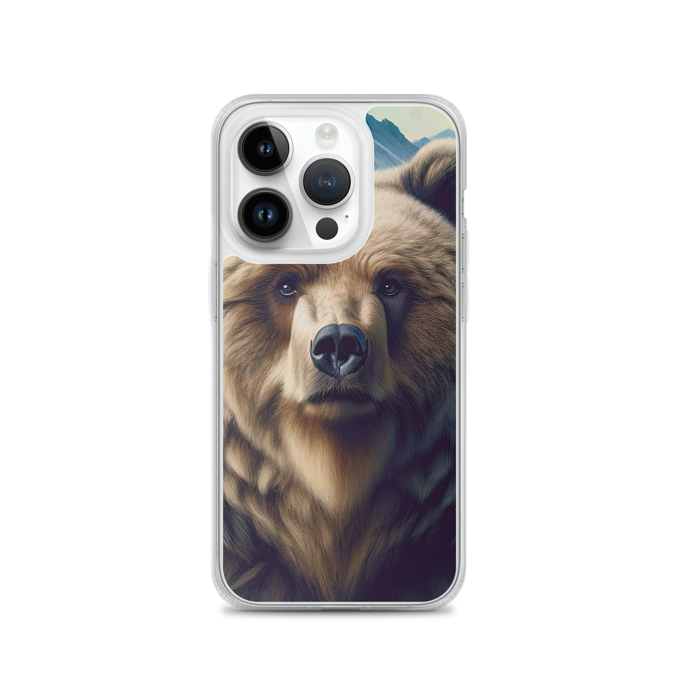 Foto eines Bären vor abstrakt gemalten Alpenbergen, Oberkörper im Fokus - iPhone Schutzhülle (durchsichtig) camping xxx yyy zzz iPhone 14 Pro