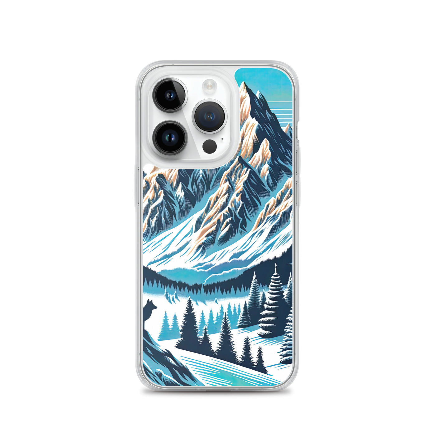 Vektorgrafik eines Wolfes im winterlichen Alpenmorgen, Berge mit Schnee- und Felsmustern - iPhone Schutzhülle (durchsichtig) berge xxx yyy zzz iPhone 14 Pro